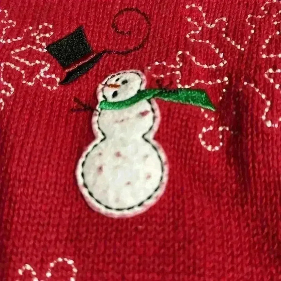 Red Snowman Snowflake Applique Embroidered Womens Zip up Knit Cardigan Small - Picture 3 of 7